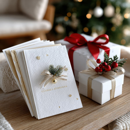 A stack of white cards with a gold star and the words "Happy Christmas" on them. A white box with a red ribbon sits next to the cardsの素材