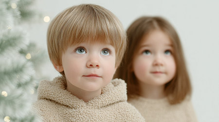 Two children are standing next to a Christmas tree, both wearing brown sweaters. They are looking at the camera with smiles on their facesの素材