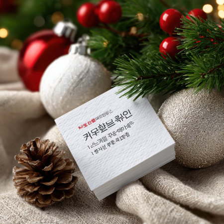 A stack of cards with Chinese writing on them are on top of a pine cone. The pine cone is surrounded by a bunch of Christmas ornamentsの素材