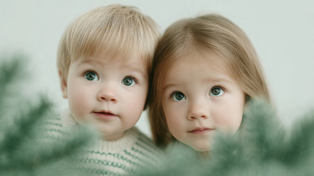 Two young children with blonde hair and blue eyes are posing for a picture. They are both wearing white sweaters and are standing in front of a green tree. Scene is playful and innocentの素材