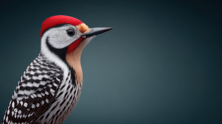 A bird with a red head and black and white feathers. The bird is standing on a grey backgroundの素材