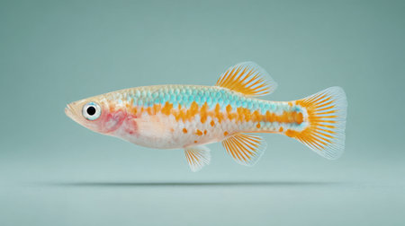 A small fish with a blue and orange stripe swims in a tank. The fish is swimming in the middle of the tank and is the only fish in the tankの素材