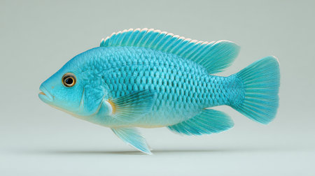 A blue fish is swimming in a tank. The fish is small and has a bright blue colorの素材