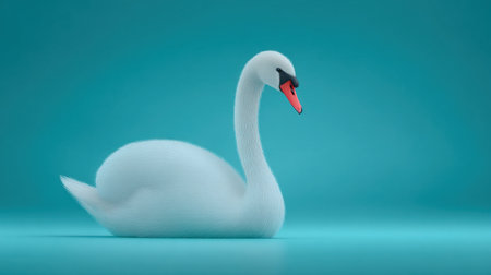 A white swan is laying on its back on a blue background. The swan is fluffy and has a red beak. Concept of calmness and serenityの素材