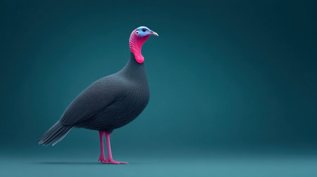 A turkey with pink feathers stands on a green background. The bird is the main focus of the image, and its bright colors create a sense of vibrancy and energyの素材