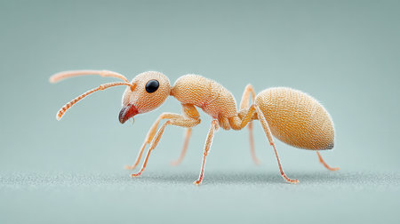 A small brown ant is standing on a surface. The ant is not moving and he is looking at the cameraの素材