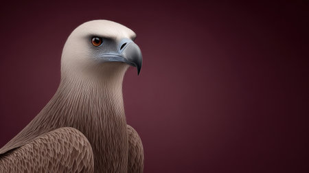 A large eagle is staring at the camera. The bird is brown and has a sharp beak. The background is a deep red colorの素材