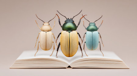 Three bugs are on top of an open book. The bugs are different colors and sizes. The book is open to a page with a picture of a bug on itの素材
