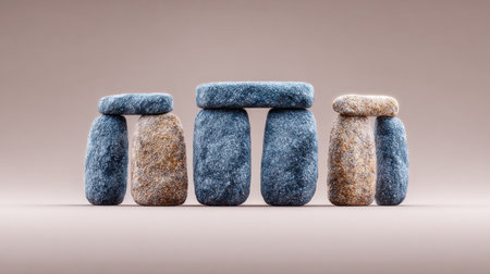 A row of blue and brown rocks are arranged in a pyramid shape. The arrangement of the rocks creates a sense of stability and strengthの素材