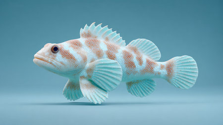 A fish with a blue and white body swims in the water. The fish is small and has a unique pattern on its bodyの素材