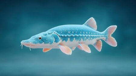 A blue fish with orange fins swimming in the water. The fish is surrounded by a blue backgroundの素材