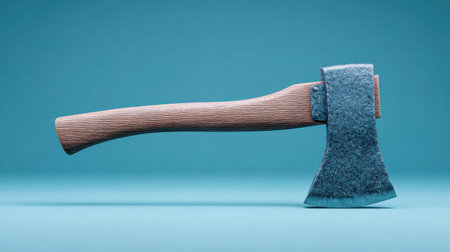 A wooden axe with a blue handle is shown on a blue background. The axe is the main focus of the image, and the blue background creates a calm and serene moodの素材