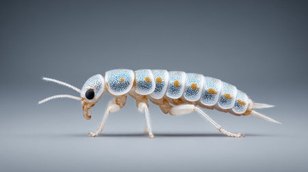 A bug with blue and yellow spots is walking on a grey surface. The bug has a long body and legs, and its head is pointedの素材