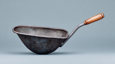 A metal bowl with a wooden handle sits on a grey surface. The bowl is old and rusted, and the handle is made of wood. The image has a vintage and rustic feel to it, evoking a sense of nostalgiaの素材
