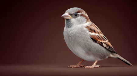 A small bird with a brown head and gray body stands on a brown surface. The bird appears to be looking at the camera, possibly curious or cautious. Concept of calm and stillnessの素材