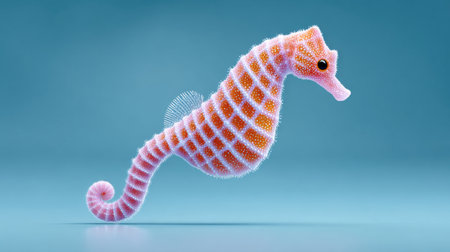 A pink and orange sea horse is shown in a blue background. The image has a playful and whimsical mood, as the sea horse is depicted as a cartoonish and exaggerated version of its real-life counterpartの素材