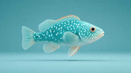A blue fish with white spots is swimming in the water. The fish is surrounded by a blue backgroundの素材