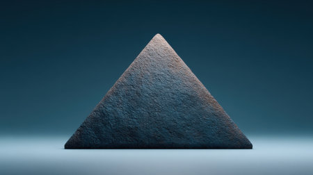 A triangular object made of stone sits on a blue surface. The stone is rough and jagged, giving it a rugged appearance. The blue background adds a sense of calmness and serenity to the sceneの素材