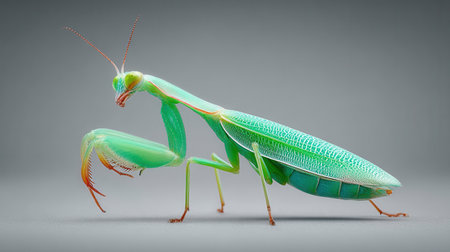 A green bug with red legs and antennae. It is standing on a grey surface. The bug is the main focus of the imageの素材