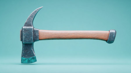 A wooden axe with a blue handle is shown on a blue background. The axe is large and has a sharp, pointed end. The blue handle contrasts with the brown wood, making the axe stand outの素材