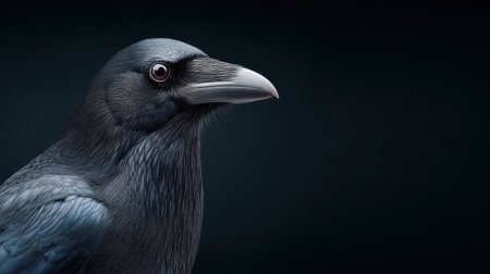 A black crow is staring at the camera. The image has a dark and moody atmosphere. The bird's eyes are large and intense, and its beak is pointed forwardの素材