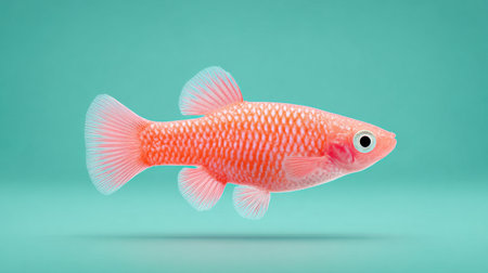 A small fish with a red body and white belly is swimming in a blue ocean. The fish is looking up at the camera, as if it is curious about the photographerの素材