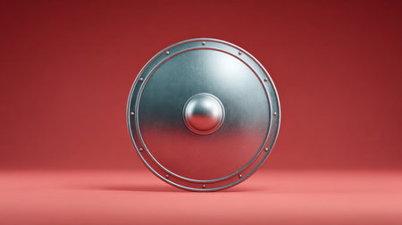 A silver shield with a red background. The shield is the main focus of the image. The red background creates a sense of contrast and draws attention to the shieldの素材