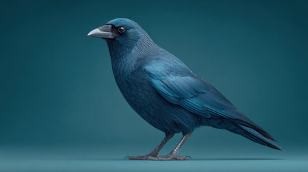 A blue bird with a black beak stands on a blue background. The bird is the main focus of the image, and its color and shape create a sense of calm and serenityの素材