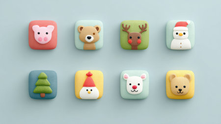 A collection of small teddy bear faces with a Christmas theme. The faces are decorated with frosting and are arranged in a rowの素材
