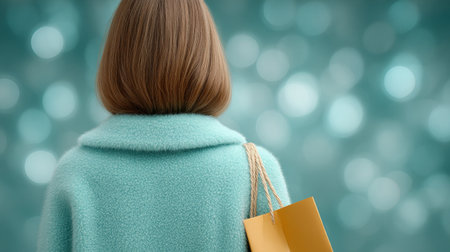 A woman wearing a blue coat and carrying a yellow shopping bag. The blue coat is made of a fuzzy material and the woman has long brown hairの素材