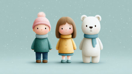 A girl and two teddy bears stand in front of a blue background. The girl is wearing a pink hat and a yellow sweater. The teddy bears are white and have a blue scarf around their necksの素材