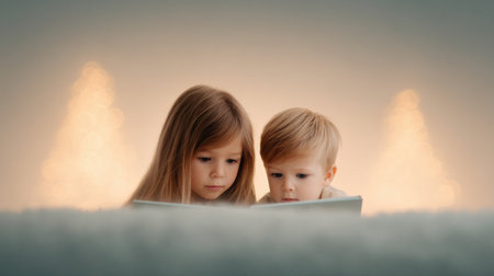 Two children are reading a book together. One is a girl and the other is a boy. They are sitting on a bed and looking at the bookの素材