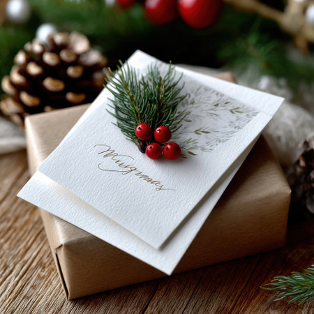 Merry Christmas card with red berries on it. The card is sitting on top of a brown boxの素材