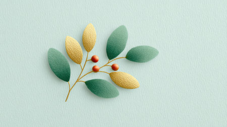 A leaf with gold and green leaves and berries. The leaf is on a white backgroundの素材