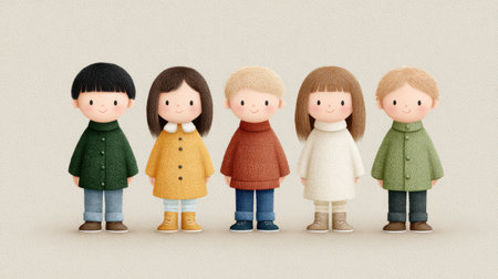 A group of cartoon children are standing in a row, all wearing different colored jackets. The scene is cheerful and playful, with the children looking happy and friendlyの素材