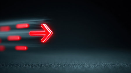 A red arrow is shown in motion, with the background being a dark, moody setting. Concept of urgency and movement, as if the arrow is racing towards somethingの素材