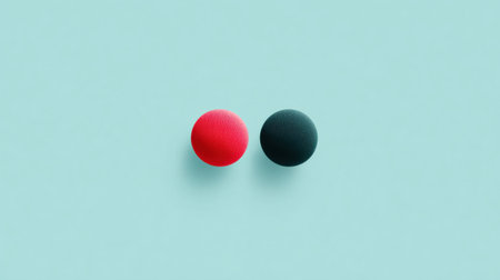 Two red and black balls on a blue background. The balls are close to each other and are not touchingの素材