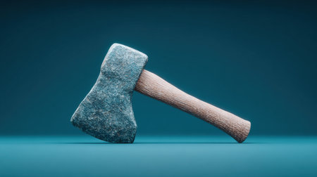 A blue and white axe is shown on a blue background. The axe is made of a material that looks like it is made of wood and has a handle. The axe is placed on a table or a surfaceの素材