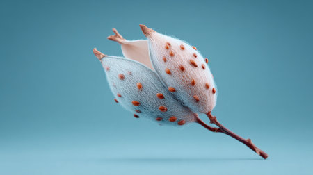 A close up of a flower with a blue background. The flower is fuzzy and has a lot of spotsの素材