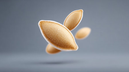 Three golden seeds are flying through the air. Concept of freedom and lightness, as if the seeds are soaring through the sky. The bright yellow color of the seeds adds a sense of warmthの素材