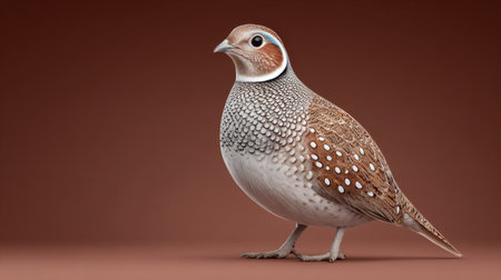 A brown and white bird with a blue eye stands on a brown background. The bird is small and has a lot of white spots on its bodyの素材
