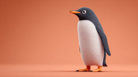 A penguin stands on a red background. The penguin is wearing a black and white outfitの素材