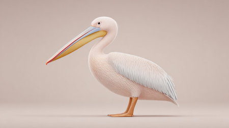 A white pelican stands on a white background. The bird is the main focus of the image, and it is in a peaceful and serene setting. The white color of the birdの素材