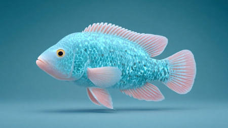 A blue fish with pink fins swimming in the water. The fish is surrounded by a blue backgroundの素材