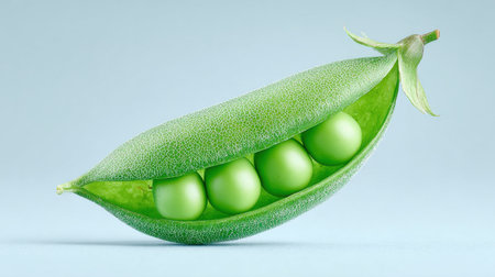 A green pea pod with four peas inside. The pod is open, revealing the peas insideの素材