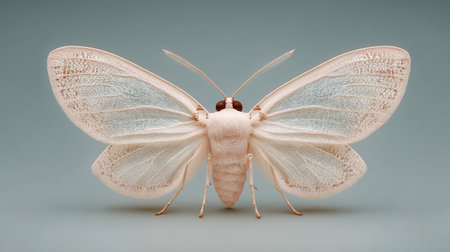 A butterfly with a white body and black eyes. The butterfly is standing on a grey surface. The butterfly is very close to the cameraの素材