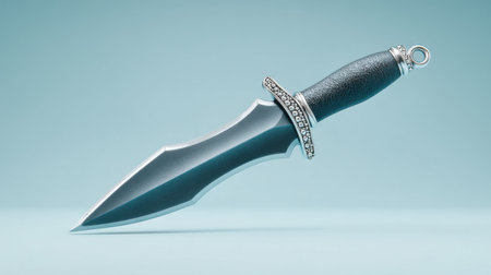 A silver and black knife with a blue handle. The knife is sharp and has a shiny appearanceの素材
