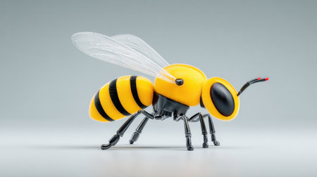 A yellow and black bee with a red stripe on its head. The bee is standing on a white backgroundの素材