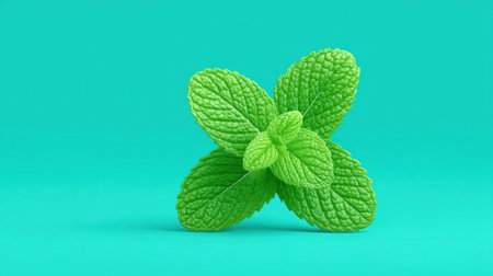 A green leaf of mint is on a blue background. The leaf is cut in half and has a fresh, vibrant appearanceの素材