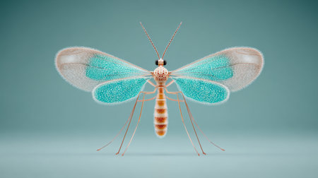 A blue and white insect with a brown head and legs. The insect is standing on a blue surfaceの素材